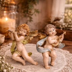 Vintage Depose Italy Cherub Set Musical Angels 265  Gold Wings 4.5"
